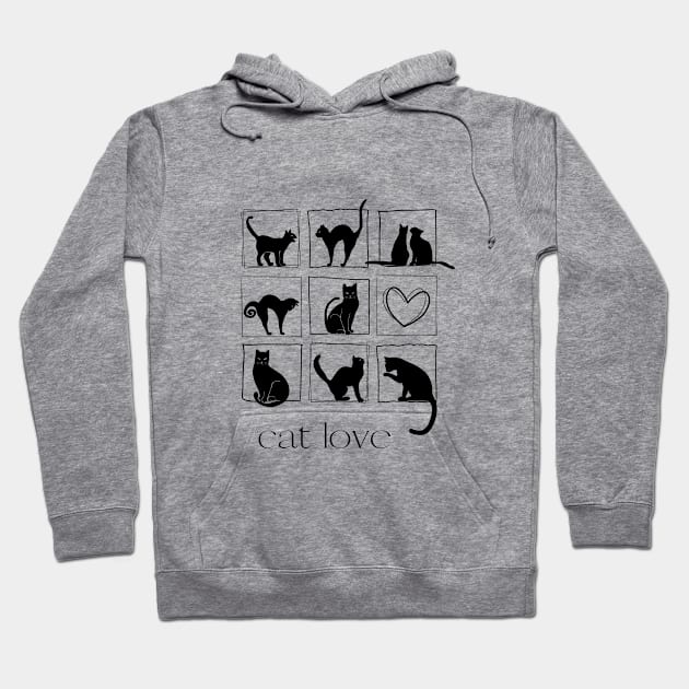 Nine black cats in square frame and one heart Hoodie by Artpassion